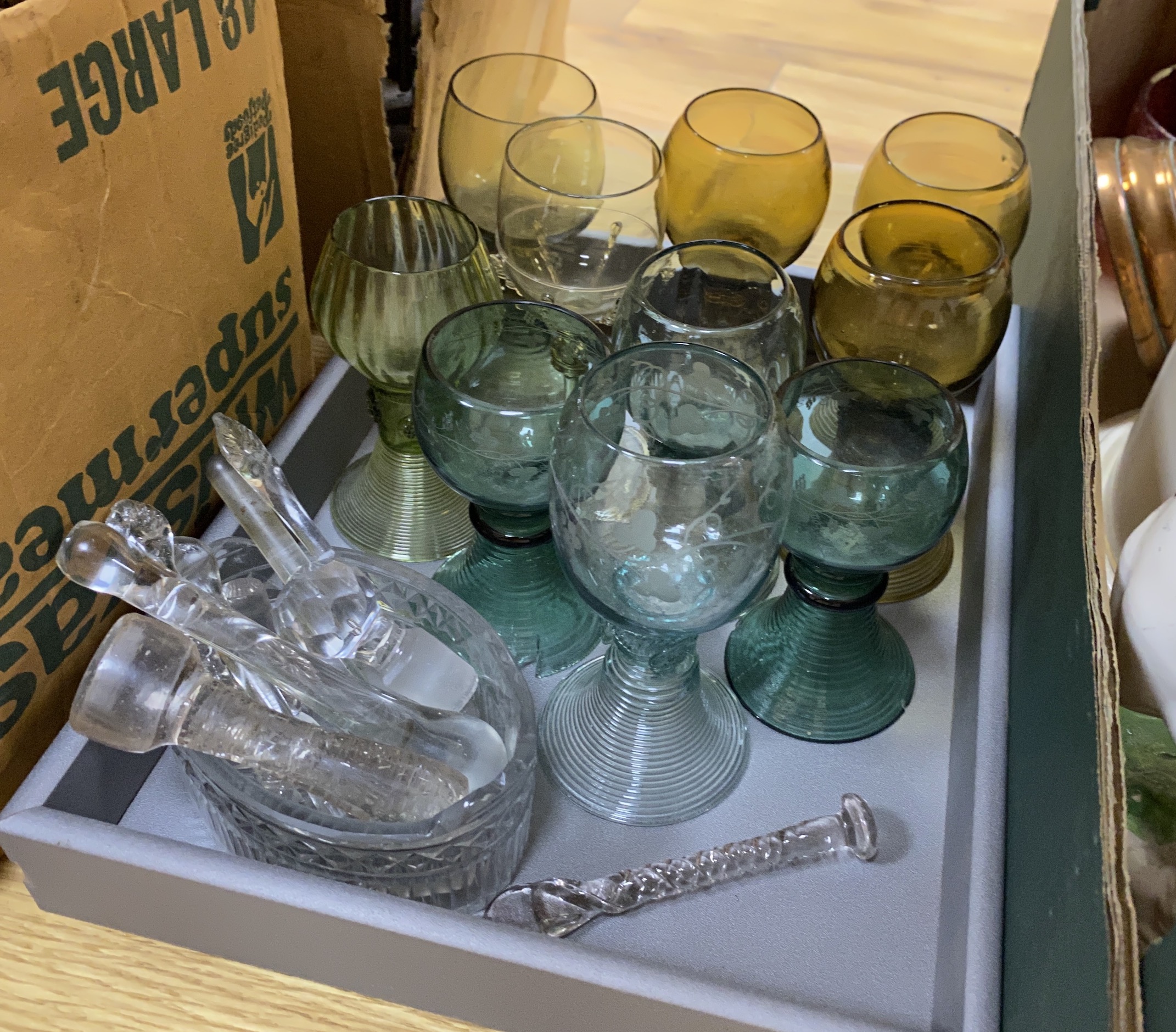 Collection of German hock glasses, Wedgwood basalt bowl jug and vase, cranberry glass, Staffordshire greyhound , a Stilton dish and two copper tankards etc, the largest 18cm high